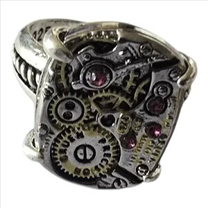 .925 Sterling Silver Steampunk Gear Ring with Red Accents Size 7 NEW